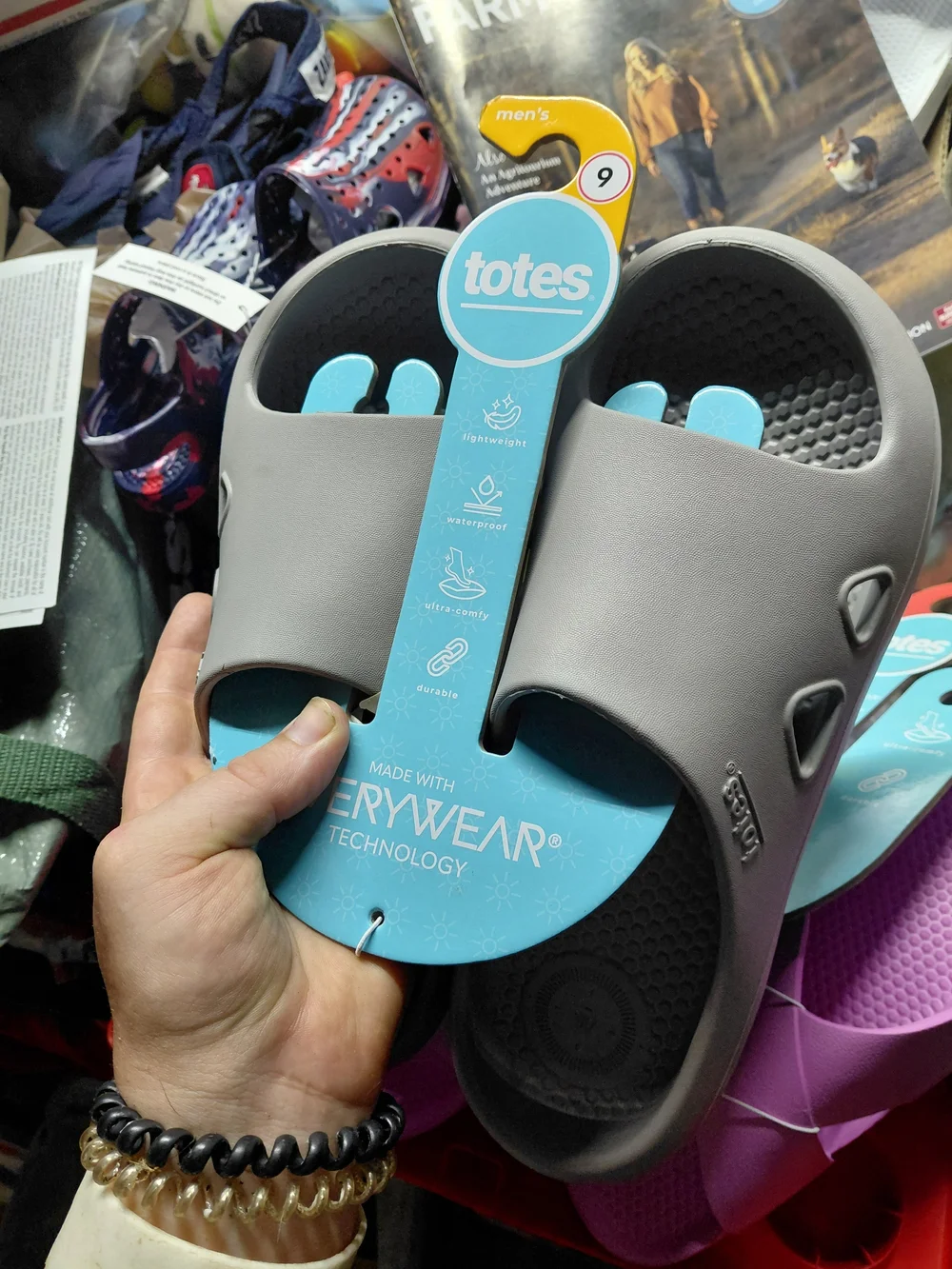 are grey Totes slide sandals featuring a textured honeycomb footbed men's size 9